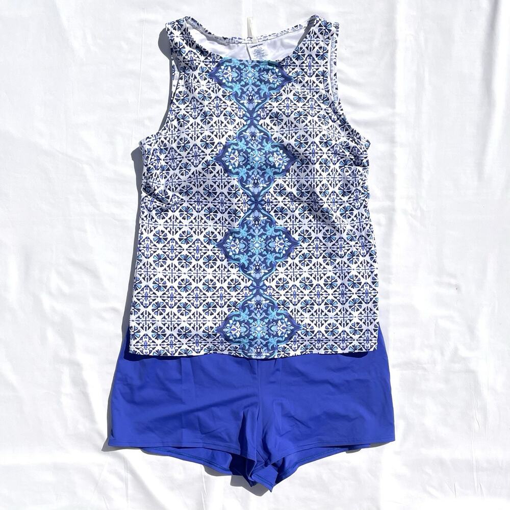 Lands' End Blue and White Tile-Print Tankini with Royal Blue Swim Shorts